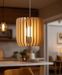Curved Wooden Slat Pendant Light With Soft Glow Core