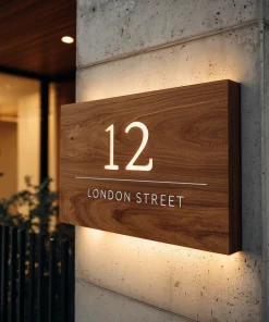 Illuminated Solid Wood House Number Plaque With Backlit Text