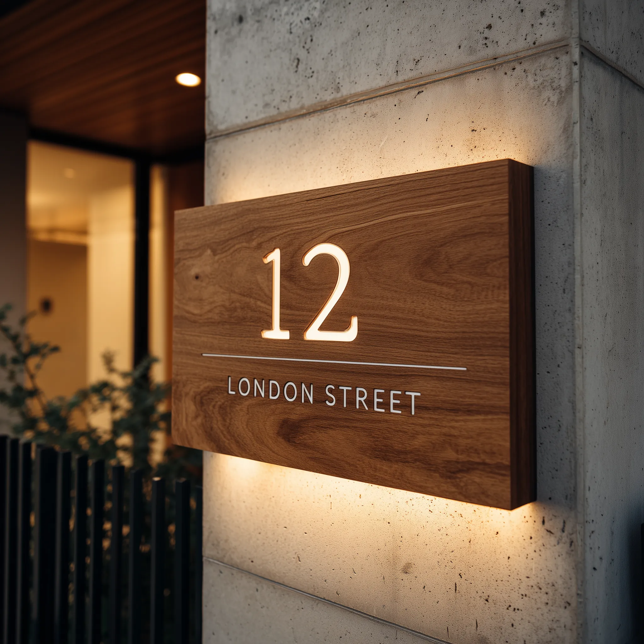 Illuminated Solid Wood House Number Plaque With Backlit Text