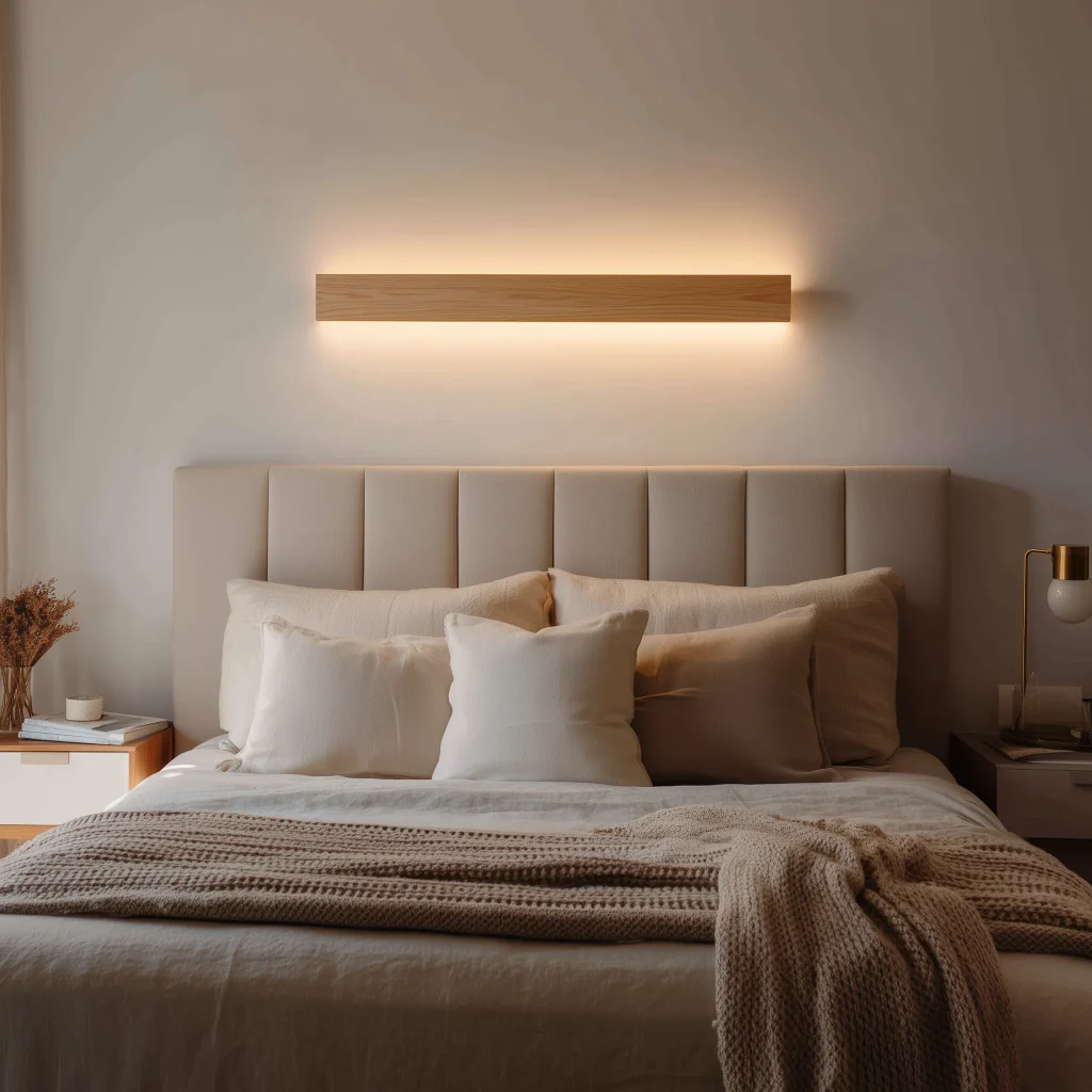 Minimal Wooden Linear Wall Light For Bedroom Spaces