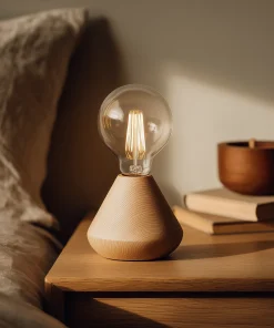 Minimalist Wooden Bedside Table Lamp With Exposed Bulb