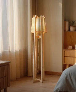 Modern Wooden Floor Lamp With Vertical Slatted Shade