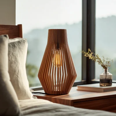 Modern Natural Wood Table Lamp With Vertical Slat Design, Freeshiping, Extra Sale Today