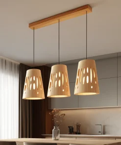 Perforated Wooden Trio Pendant Light For Dining Spaces