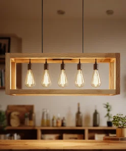 Rectangular Wooden Frame Pendant Light With Five Exposed Bulbs