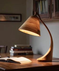 Sculpted Wooden Table Lamp With Curved Stem