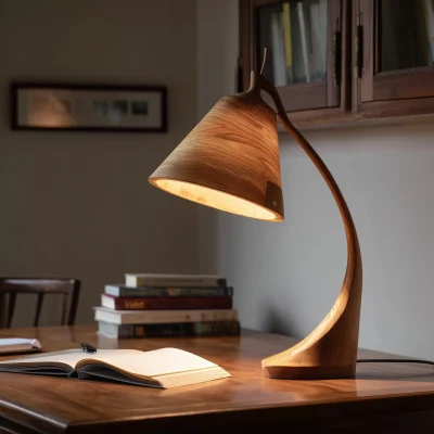 Handcrafted Natural Wood Curved Stem Table Lamp