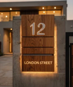 Solid Wood Illuminated Address Sign With Backlit Numbers
