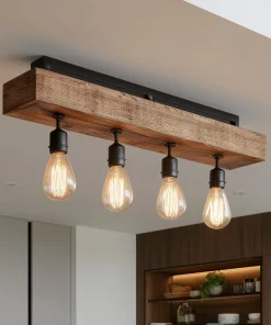 Solid Wood Linear Ceiling Light With Four Exposed Bulbs