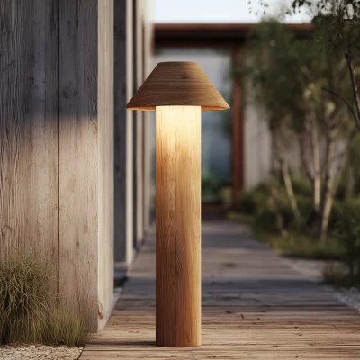 Solid Wood Outdoor Bollard Light With Soft Ambient Glow