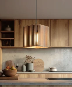 Square Wooden Slat Pendant Light With Open Frame Design