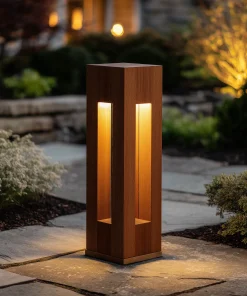 Vertical Solid Wood Garden Bollard Light With Dual Light Panels