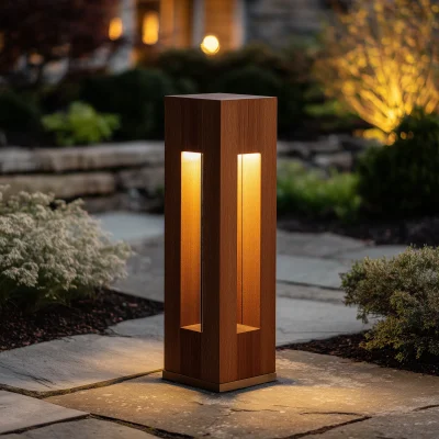Vertical Solid Wood Garden Bollard Light With Dual Light Panels