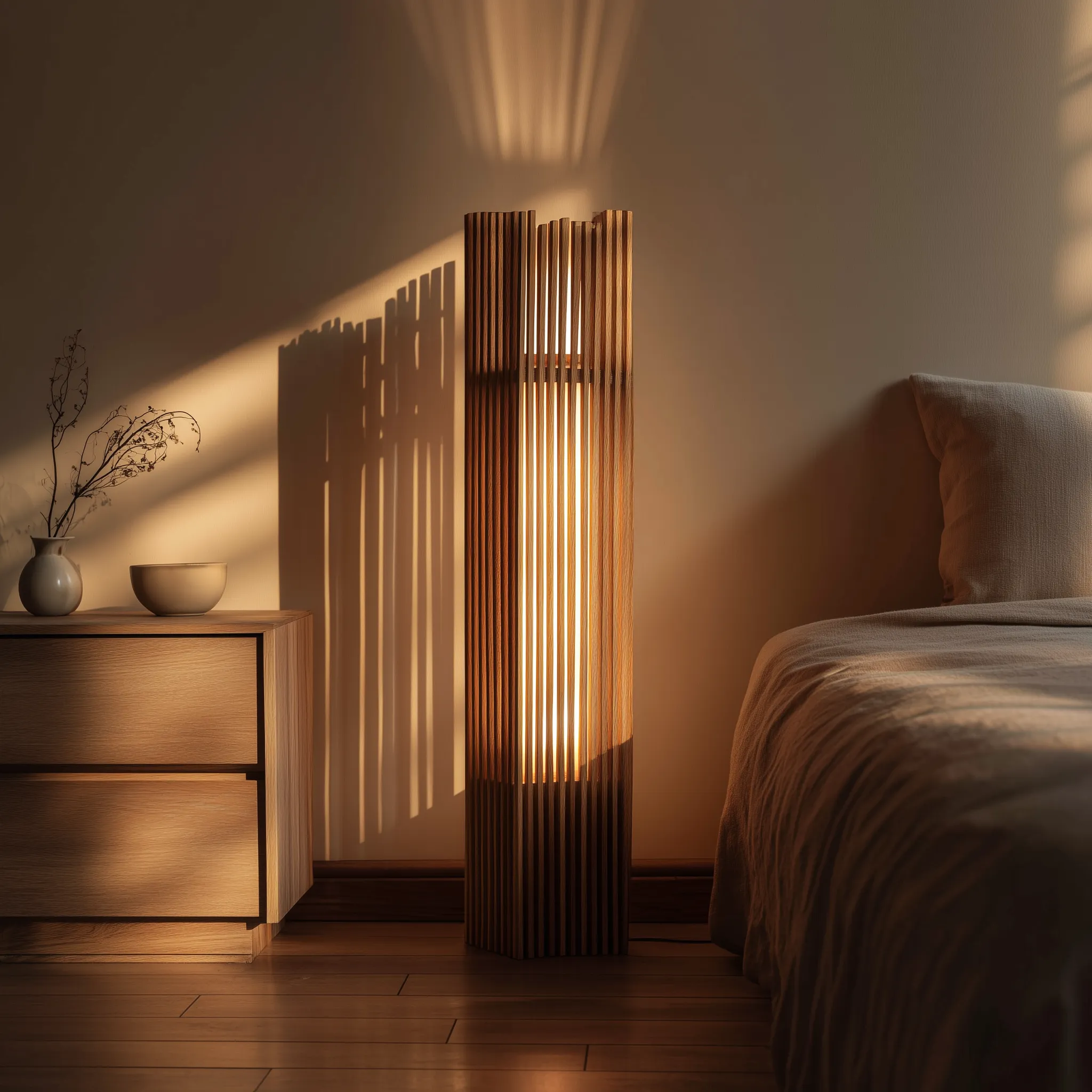 Vertical Wooden Slat Floor Lamp With Soft Diffused Light