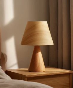 Wooden Bedside Table Lamp With Tapered Shade