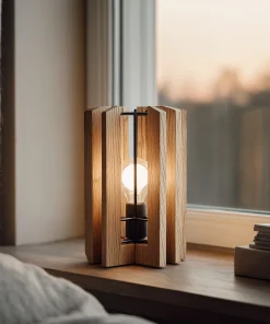 Wooden Slatted Bedside Table Lamp With Exposed Bulb