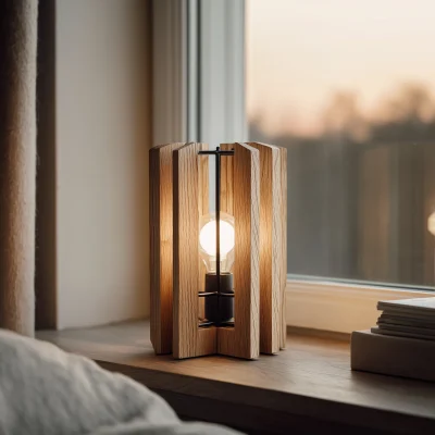 Solid Wood Slatted Bedside Lamp With Exposed Bulb, Freeshiping, Extra Sale Today