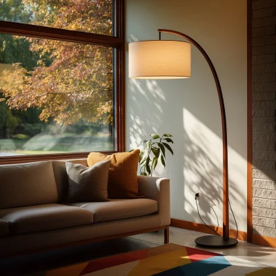Arc Floor Lamp With Drum Fabric Shade And Round Base