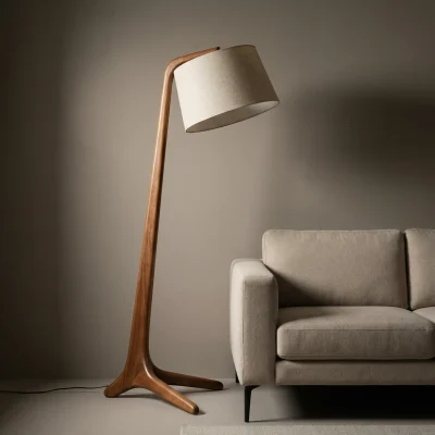 Curved Wooden Floor Lamp With Angled Fabric Shade