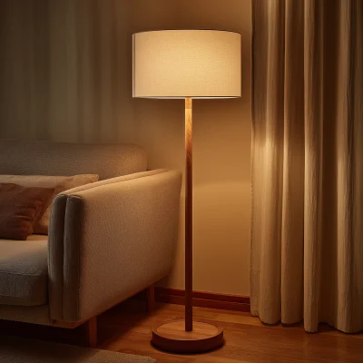 Minimal Wooden Floor Lamp With Drum Fabric Shade