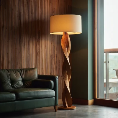 Sculptural Twisted Wooden Floor Lamp With Drum Fabric Shade