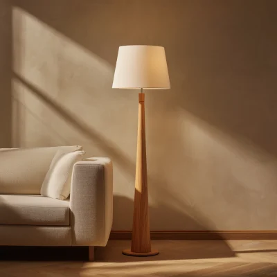 Tapered Wooden Floor Lamp With Cone Fabric Shade
