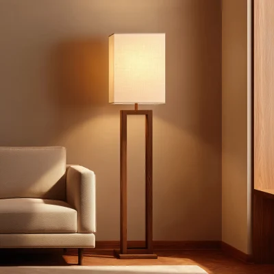 Wooden Frame Floor Lamp With Rectangular Fabric Shade