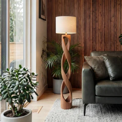 Wooden Sculptural Floor Lamp With Fabric Shade