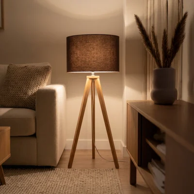 Wooden Tripod Floor Lamp With Fabric Shade